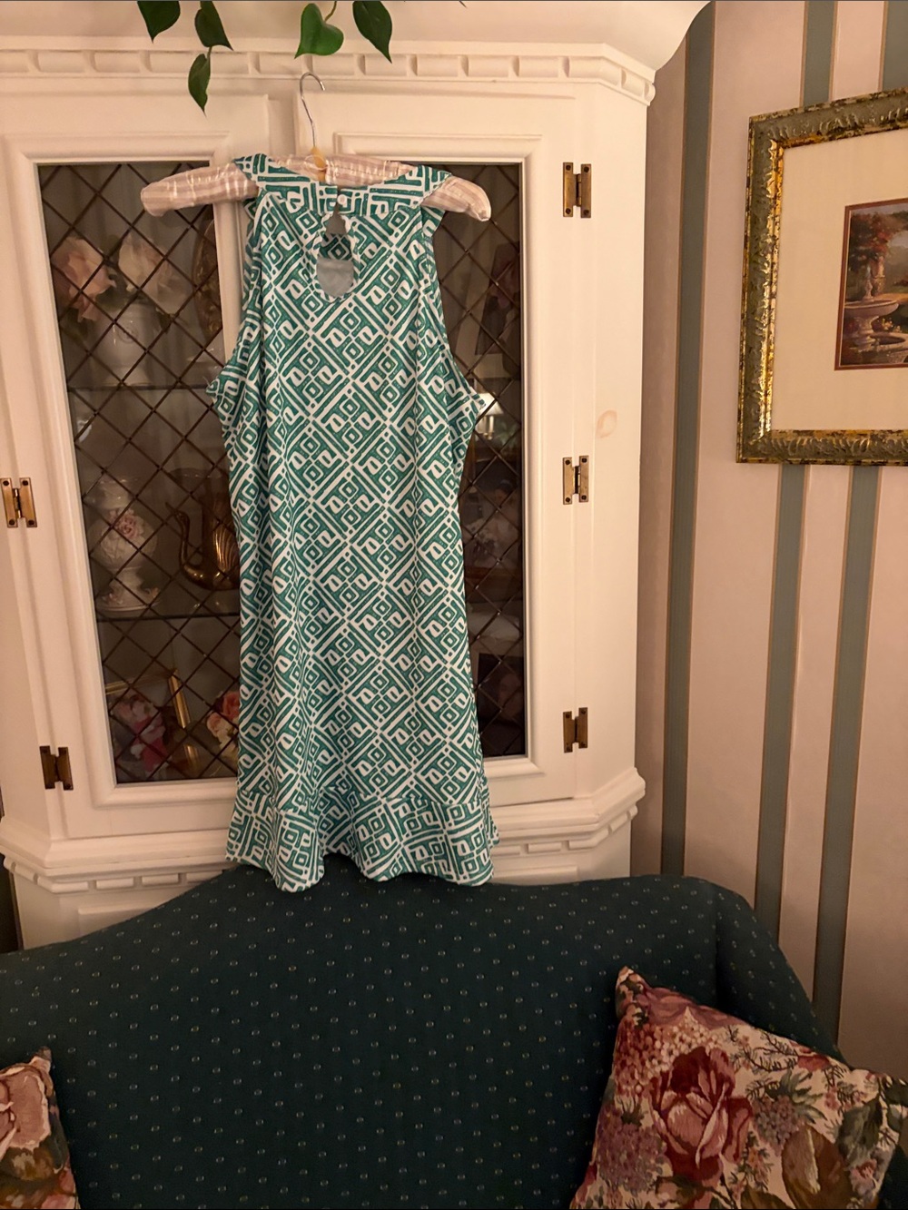 Sleeveless Geometric A-Line Dress in Teal and White size Small - Picture 3 of 3